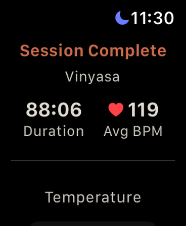 HeatLab on Apple Watch showing a completed session summary